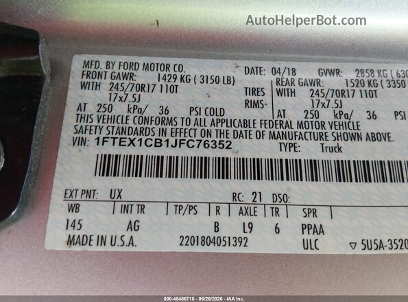 1FTEX1CB1JFC76352 2018 FORD F150 Silver ძრავის განყოფილების ხედი