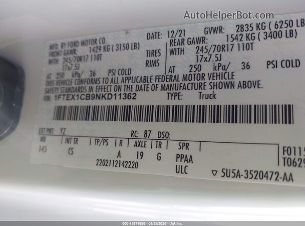 1FTEX1CB9NKD11362 2022 FORD F150 White Engine compartment view