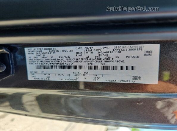 1FTEX1CF0HKE57270 2017 FORD F150 Gray VIN კოდის სტიკერის ხედი