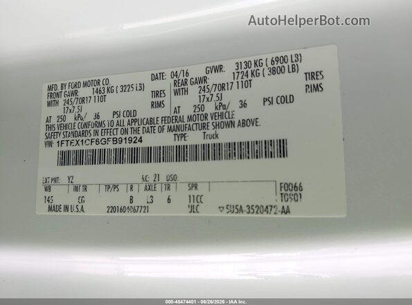 1FTEX1CF6GFB91924 2016 FORD F150 White Вид підкапотного простору