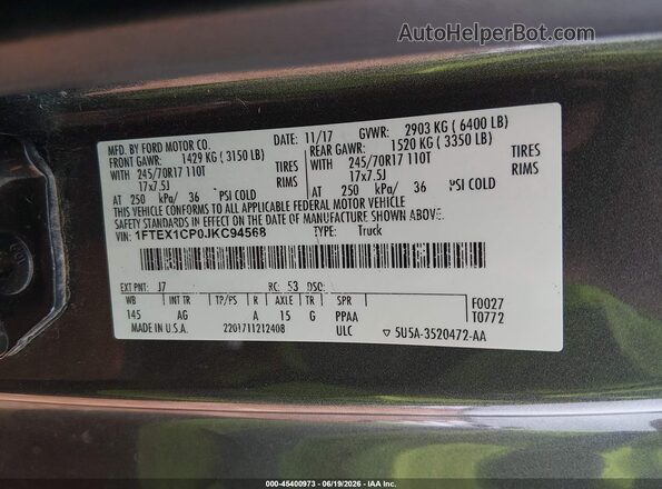 1FTEX1CP0JKC94568 2018 FORD F150 Gray Widok komory silnika