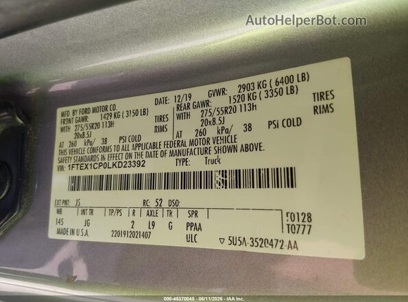 1FTEX1CP0LKD23392 2020 FORD F150 Silver Вид підкапотного простору