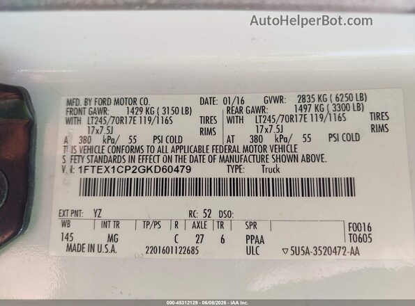 1FTEX1CP2GKD60479 2016 FORD F150 White Engine compartment view