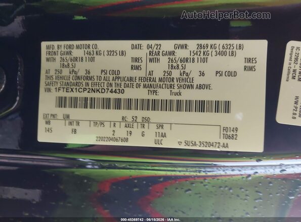 1FTEX1CP2NKD74430 2022 FORD F150 Черный Вид подкапотного пространства
