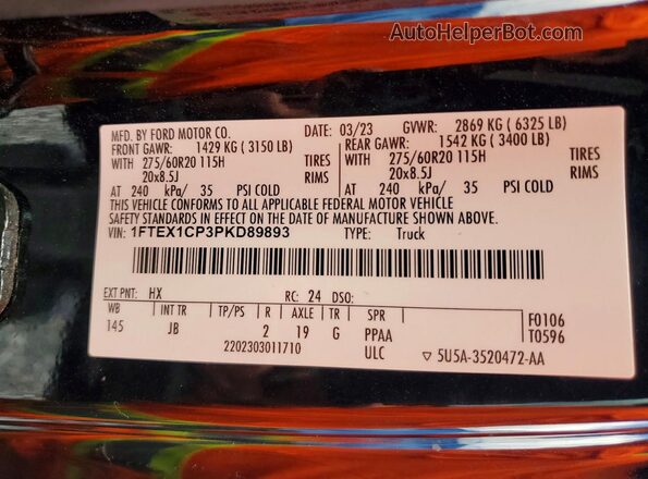 1FTEX1CP3PKD89893 2023 FORD F150 Blue Вид наклейки з VIN-кодом