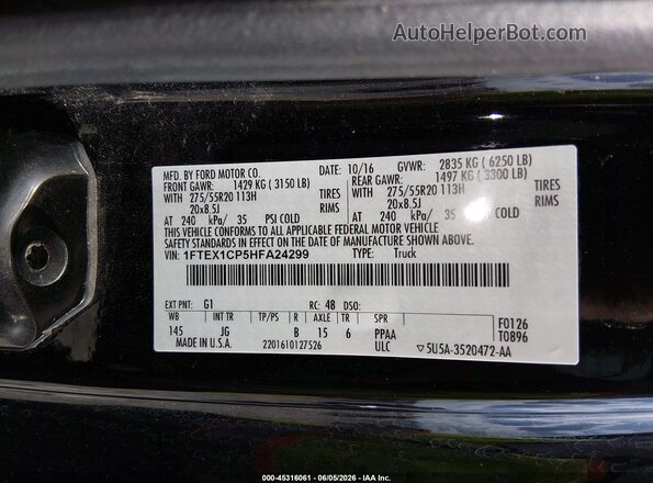 1FTEX1CP5HFA24299 2017 FORD F150 Black Engine compartment view