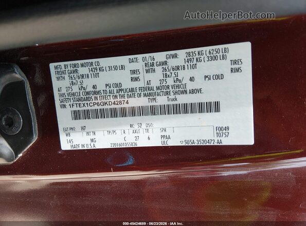 1FTEX1CP6GKD42874 2016 FORD F150 Burgundy ძრავის განყოფილების ხედი