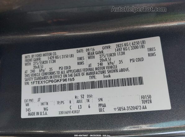 1FTEX1CP6GKF96195 2016 FORD F150 Серый Вид подкапотного пространства