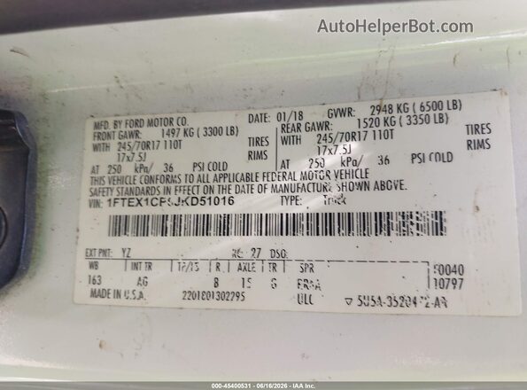 1FTEX1CP6JKD51016 2018 FORD F150 Белый Вид подкапотного пространства