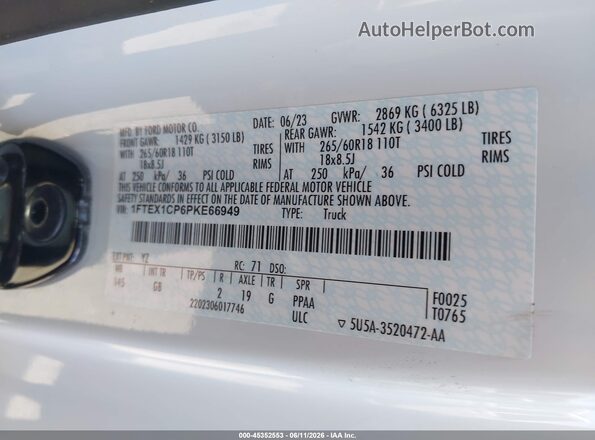 1FTEX1CP6PKE66949 2023 FORD F150 White Շարժիչի բաժամունքի տեսք