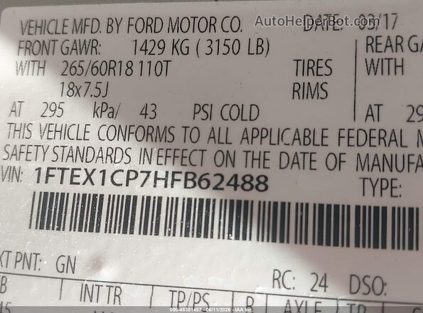 1FTEX1CP7HFB62488 2017 FORD F150 Золотой Вид подкапотного пространства