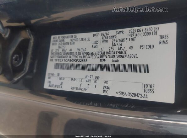 1FTEX1CP8GKF32868 2016 FORD F150 Gray Շարժիչի բաժամունքի տեսք