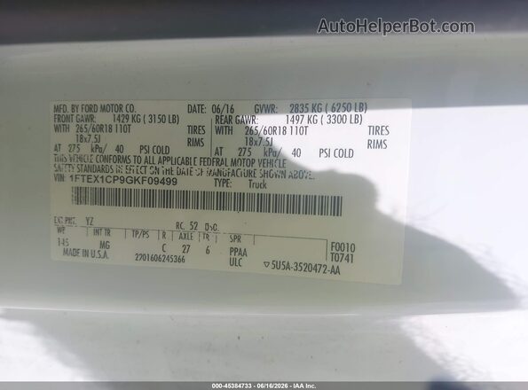 1FTEX1CP9GKF09499 2016 FORD F150 White Вид підкапотного простору