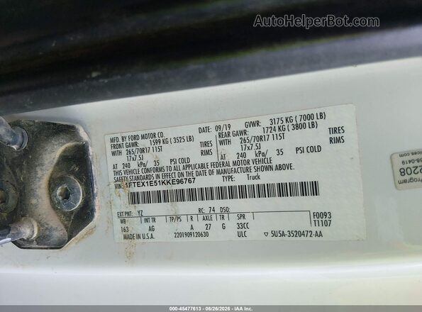 1FTEX1E51KKE96767 2019 FORD F150 White Widok komory silnika