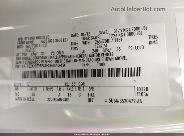 1FTEX1E56JKE67649 2018 FORD F150 White Vista del compartimento del motor