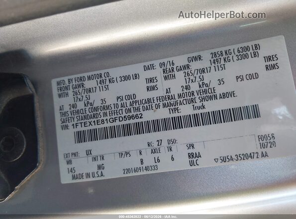 1FTEX1E81GFD59662 2016 FORD F150 Серебряный Вид подкапотного пространства