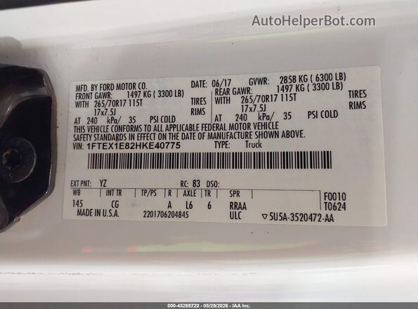 1FTEX1E82HKE40775 2017 FORD F150 White ძრავის განყოფილების ხედი