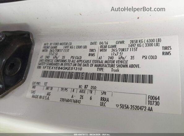 1FTEX1E84GKE51310 2016 FORD F150 White Вид підкапотного простору