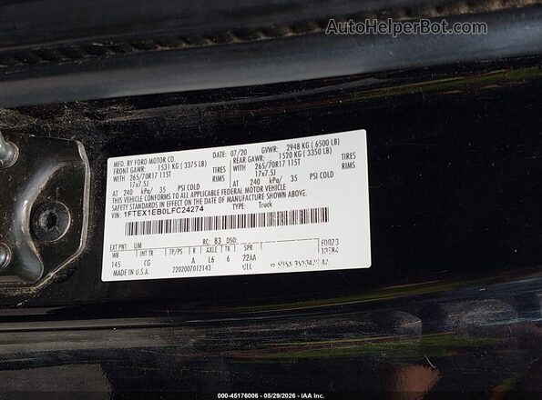 1FTEX1EB0LFC24274 2020 FORD F150 Черный Вид подкапотного пространства