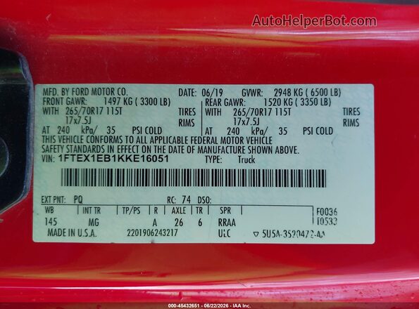 1FTEX1EB1KKE16051 2019 FORD F150 Red Вид підкапотного простору