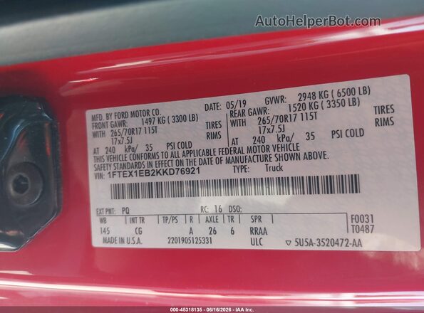 1FTEX1EB2KKD76921 2019 FORD F150 Красный Вид подкапотного пространства