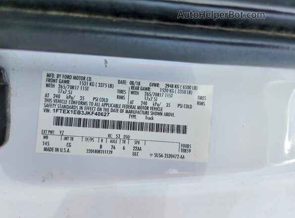 1FTEX1EB3JKF40627 2018 FORD F150 White Շարժիչի բաժամունքի տեսք