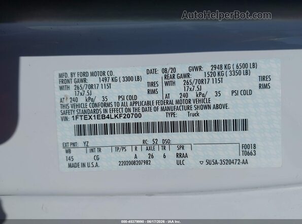 1FTEX1EB4LKF20700 2020 FORD F150 White ძრავის განყოფილების ხედი