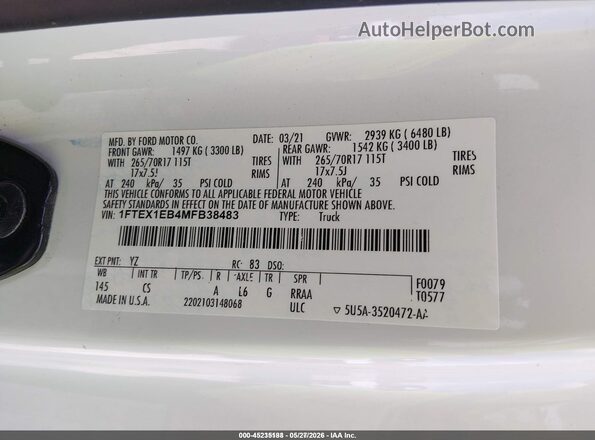 1FTEX1EB4MFB38483 2021 FORD F150 White 