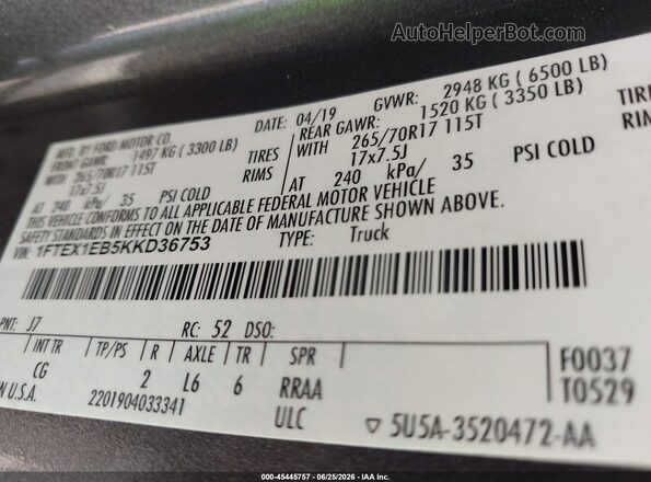 1FTEX1EB5KKD36753 2019 FORD F150 Серый Вид подкапотного пространства