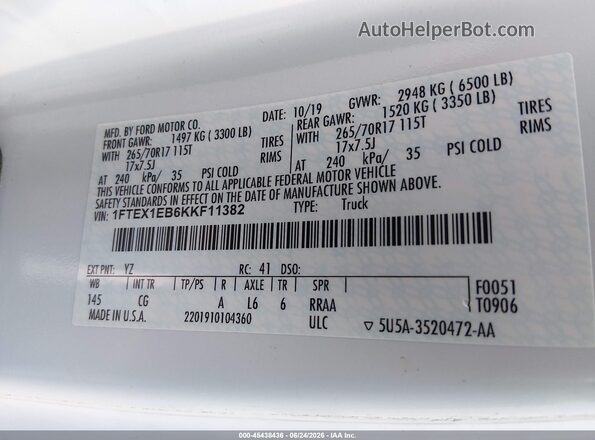 1FTEX1EB6KKF11382 2019 FORD F150 White ძრავის განყოფილების ხედი