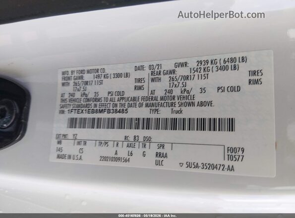 1FTEX1EB8MFB38485 2021 FORD F150 White Շարժիչի բաժամունքի տեսք