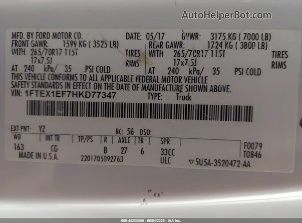 1FTEX1EF7HKD77347 2017 FORD F150 Белый Вид подкапотного пространства