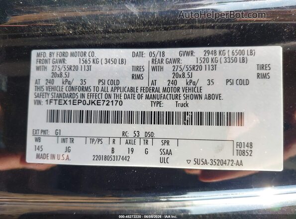 1FTEX1EP0JKE72170 2018 FORD F150 Black Vista del compartimento del motor