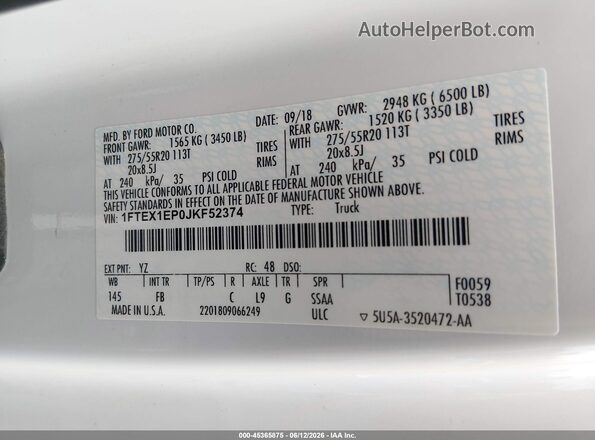 1FTEX1EP0JKF52374 2018 FORD F150 White Շարժիչի բաժամունքի տեսք