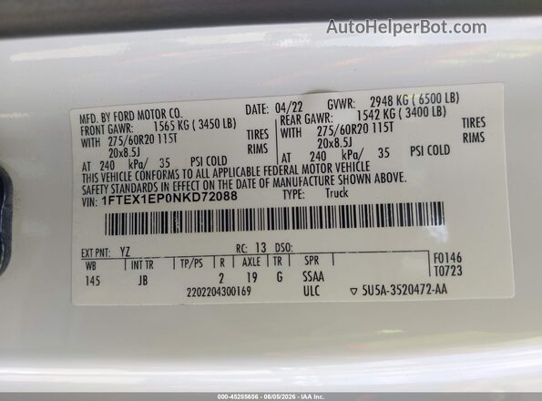 1FTEX1EP0NKD72088 2022 FORD F150 White Engine compartment view