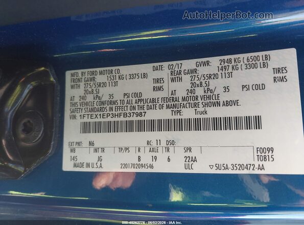 1FTEX1EP3HFB37987 2017 FORD F150 Синий Вид подкапотного пространства