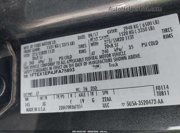 1FTEX1EP4JFA75893 2018 FORD F150 Gray ძრავის განყოფილების ხედი