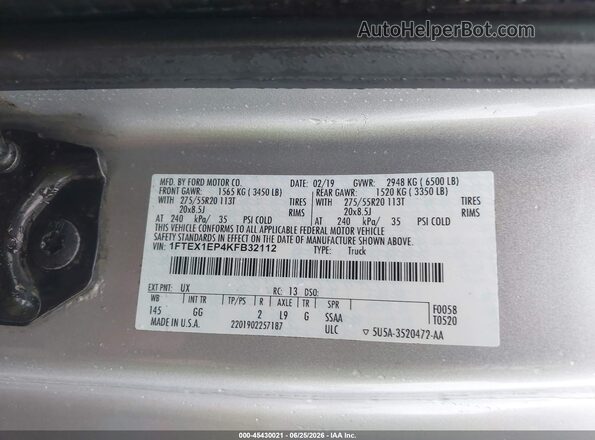 1FTEX1EP4KFB32112 2019 FORD F150 Silver Widok komory silnika