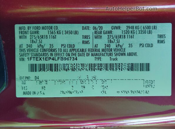 1FTEX1EP4LFB96734 2020 FORD F150 Red ძრავის განყოფილების ხედი