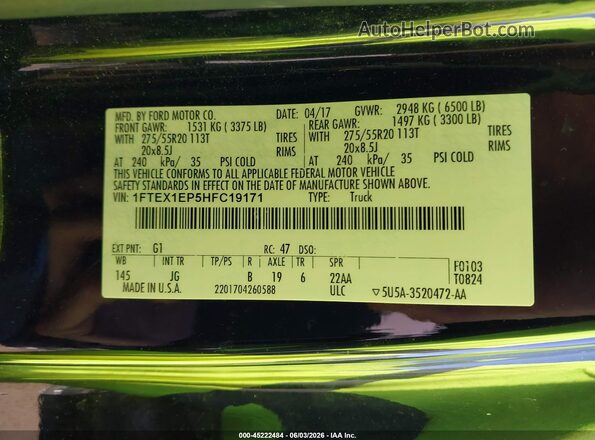 1FTEX1EP5HFC19171 2017 FORD F150 Black Vista del compartimento del motor