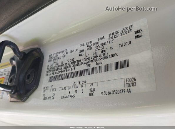 1FTEX1EP6GFB61473 2016 FORD F150 White Vista del compartimento del motor