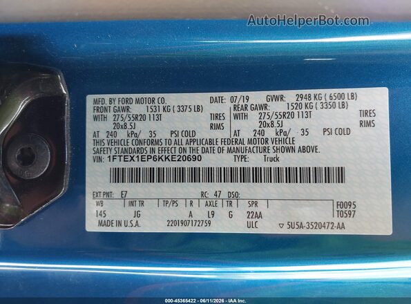 1FTEX1EP6KKE20690 2019 FORD F150 Blue 
