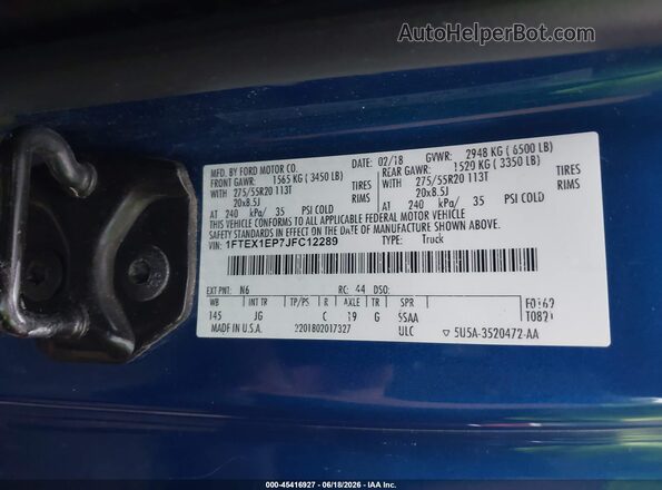 1FTEX1EP7JFC12289 2018 FORD F150 Blue Widok komory silnika