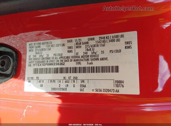 1FTEX1EP8MKE98262 2021 FORD F150 Red Engine compartment view