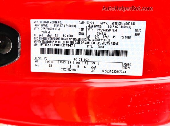 1FTEX1EP8PKD79471 2023 FORD F150 Red Շարժիչի բաժամունքի տեսք