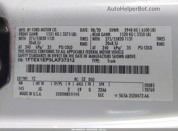 1FTEX1EP9LKF37312 2020 FORD F150 Белый Вид подкапотного пространства