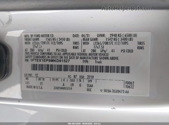 1FTEX1EP9MKD91527 2021 FORD F150 White Vista del compartimento del motor