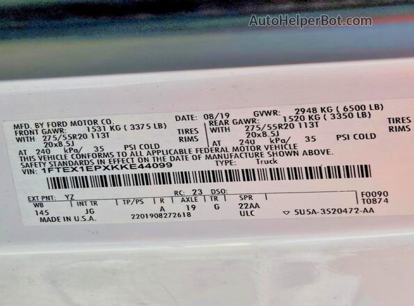 1FTEX1EPXKKE44099 2019 FORD F150 White Vista de la etiqueta del VIN