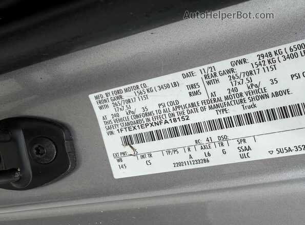 1FTEX1EPXNFA18152 2022 FORD F150 Silver VIN sticker view