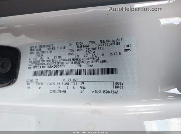 1FTEX1KP2SKD05721 2025 FORD F150 White Շարժիչի բաժամունքի տեսք